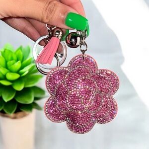 Pink and Silver Camellia Flower Keychain